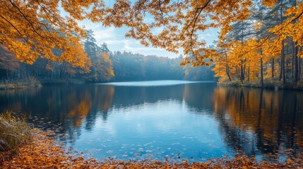 Poster - A serene lake with a beautiful reflection of the trees and sky