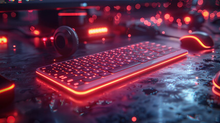 Wall Mural - A computer keyboard with red lights on it is surrounded by other computer peripherals. Concept of technology and gaming, with the red lights adding a futuristic and energetic vibe