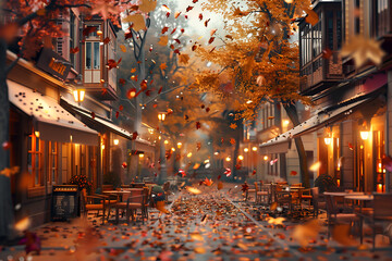 Bright rainy autumn city