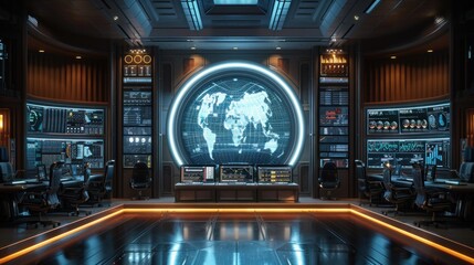 Poster - Futuristic Control Room with World Map Display