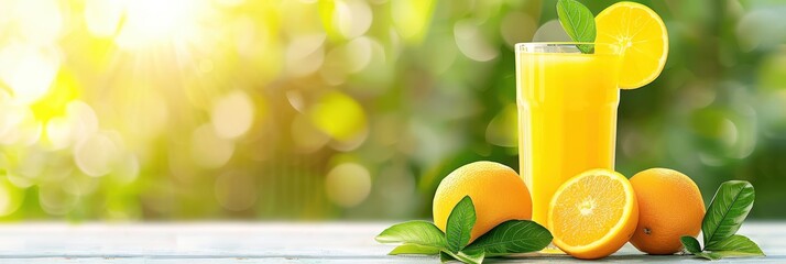 Freshly squeezed orange juice in a glass with ripe oranges on a sunny day. Perfect refreshment for a hot summer afternoon.