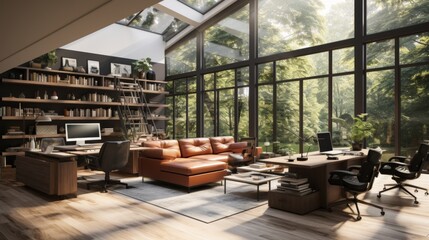 Wall Mural - Modern Home Office with Secluded Forest View