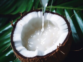 Sliced coconut with liquid dripping out, possibly for smoothies or cooking use.