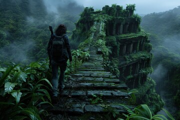 An explorer walks on a vine-covered stone structure in a dense jungle, highlighting the contrast between human curiosity and the enduring power of nature.