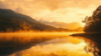 Wall Mural - serene curved lakeshore reflects golden sunrise misty mountains in distance