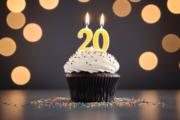 20th birthday cupcake with whipped cream, sprinkles, candles, and number 20, isolated on gray background with bokeh lights