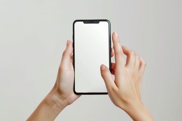 taking photo phone. modern woman hands holding smartphone with blank screen