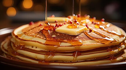 Wall Mural - Close-Up of pile of pancakes with melted sweet syrup and fruit toppings with a blurred background