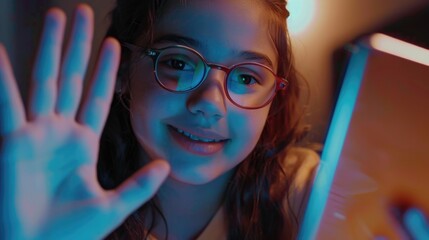 Wall Mural - A young girl waving her hands, interacting with digital technology on a laptop screen.