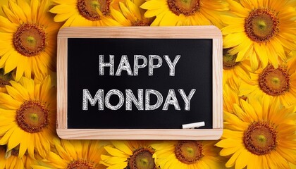 Wall Mural - happy monday on blackboard with sunflower background