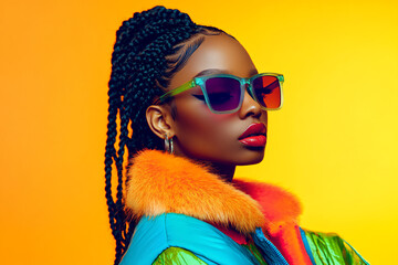 Canvas Print - Fashionable Woman Wearing Sunglasses and a Colorful Jacket.