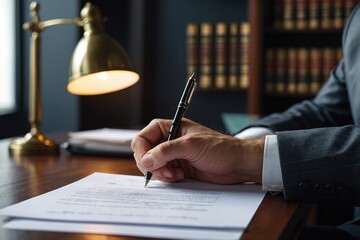 Man, technology and writing on document in office with contract, legal advisor or attorney at work. Male lawyer, laptop and pen with paper at desk for justice, estate tax or compliance at law firm