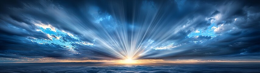 Wall Mural - sunlight breaking through clouds, creating a radiant light in the sky that feels alive, representing