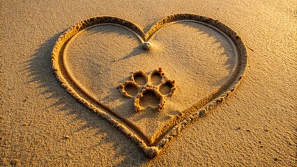 Adorable paw print outline forms a heart shape on a soft, sandy beach, symbolizing love and loyalty between humans and their furry friends.