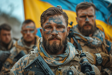 Ukrainian Soldiers Standing United With Painted Faces Against Ukrainian Flag