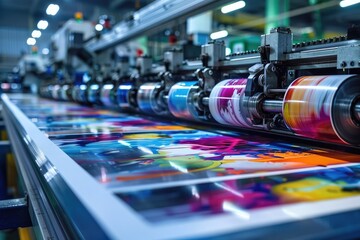 Close-up view of a modern printing press in action, showing the intricate machinery and vibrant inks at work.