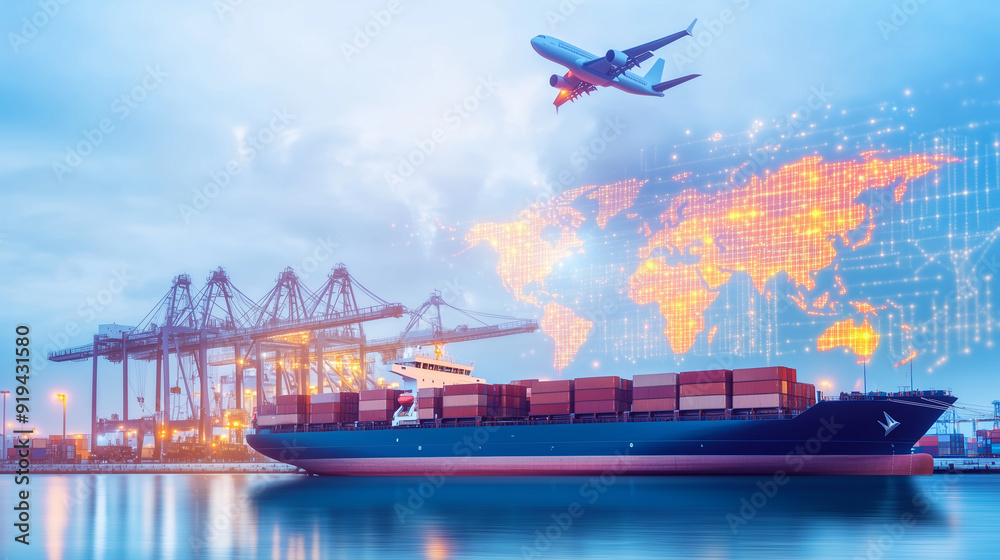 Global logistics and transportation, featuring a large cargo ship at a ...