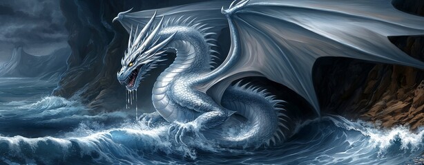 Wall Mural - Mythical dragon emerging from the ocean, waves crashing against cliffs, creature with water dripping off its scales, copy space for text, more clarity with clear light and sharp focus, high detailed