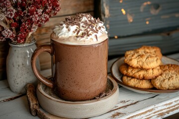 A brown mug of hot chocolate with whipped cream and chocolate shavings, accompanied by a plate of cookies, set on a light wooden table with festive winter decor.