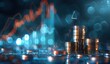© IQRAMULSHANTO - Business graph and upward arrow with coin stacks on dark background, double exposure, financial concept.