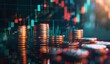 © IQRAMULSHANTO - Business graph and upward arrow with coin stacks on dark background, double exposure, financial concept.