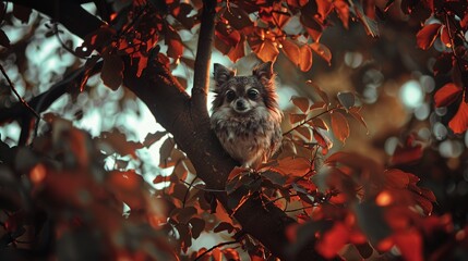 Canvas Print - Small Dog Sitting in Tree with Red Leaves