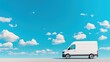 © Design Wizard - White delivery van driving on open road under a clear blue sky with scattered clouds, representing transportation and logistics services.