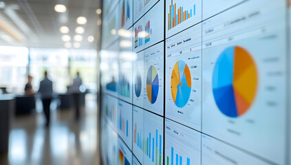 Poster - A close-up view of data visualizations on screens in a modern office environment, showcasing charts and graphs for analysis.