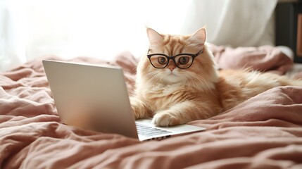 cat wearing glasses using a laptop doing digital work on a bed at home.