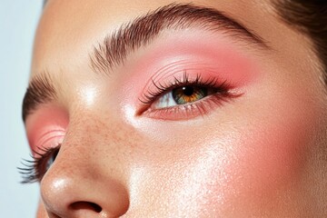 Close-up beauty portrait showcasing vibrant eyeshadow flawless skin