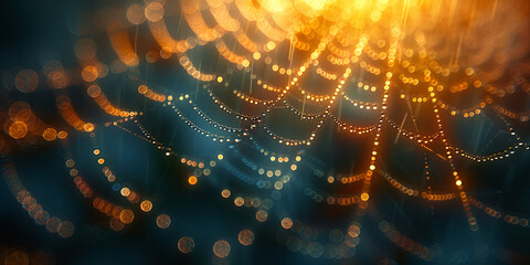 An abstract spider web adorned with lights, creating a mesmerizing bokeh effect in a soft, blurred background.