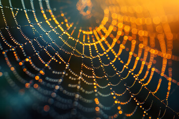  A close-up of a spider web adorned with glistening water droplets, showcasing intricate patterns and natural beauty.