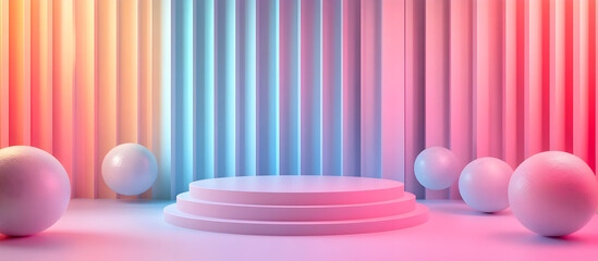 Poster - A vibrant 3D scene featuring colorful lights and smooth spheres, perfect for showcasing products or artistic presentations.