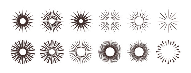 Poster - Vintage collection of circles with vertical lines, isolated minimalist decoration in shape of sun with rays. Vector isolated simple rounded form, geometric decoration for frames. Radial sunset beams