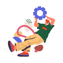 Poster - Employee working on project, flat cartoon vector illustration. Isolated personage with cogwheels and settings, adjustment for work. Solving issues and problems with creative approach