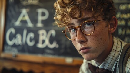 Canvas Print - Portrait of a Young Man with Curly Hair and Glasses