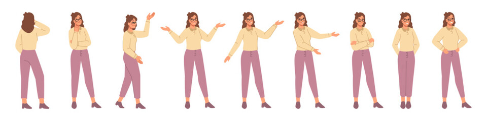 Aufkleber - Female character work interactions and gestures. Vector isolated woman presenting or showing, employee girl in glasses communicating and showing professionalism. Thinking or pondering boss