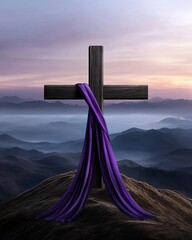 Wall Mural - wooden cross draped with a purple cloth overlooking misty hills at sunrise, symbolizing hope and res