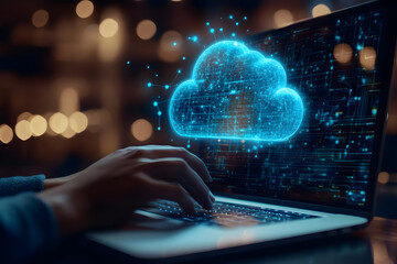 Poster - A person using a laptop with a glowing cloud symbolizing cloud computing and technology in a modern workspace.
