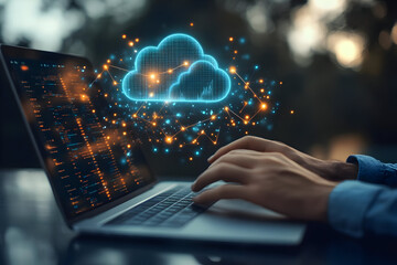 Poster - A person types on a laptop with a glowing cloud symbol, illustrating cloud computing and data processing in a tech environment.