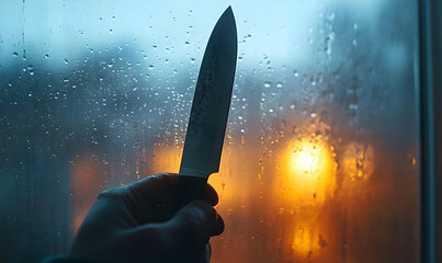 Poster - A close-up of a hand holding a sharp knife against a foggy window, with warm lights glowing in the background.