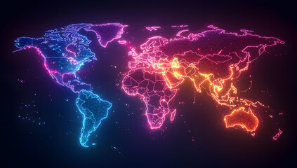 Poster - A vibrant neon world map illustration showcasing global connectivity with glowing lines across continents.