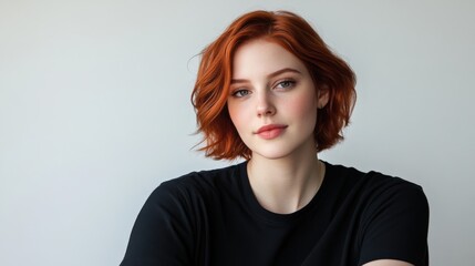 Close up of beautiful woman with white skin, red short hair, wavy hair and a clear black t shirt, isolated in a light white studio. Portrait person.