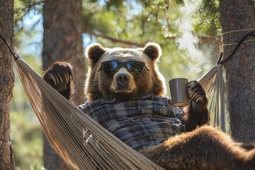 Cozy Bear in Sunglasses Relaxing in Hammock with Coffee Outdoors