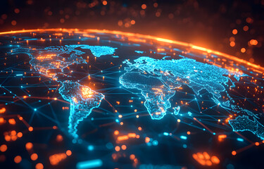 Aufkleber - A stunning digital representation of the world map illuminated by glowing connections, symbolizing global communication and technology.