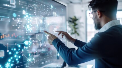 Poster - a man is pointing at a computer monitor displaying a complex network of data