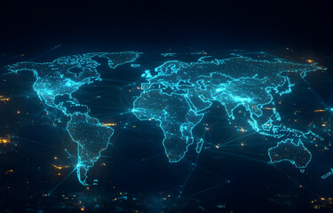 Poster - A glowing digital world map with interconnected nodes representing global networks and technology advancements.