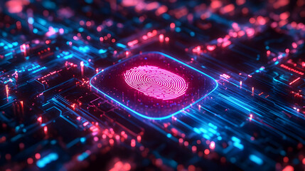 Poster - A vibrant digital fingerprint on a futuristic circuit board, showcasing technology and security in a visually striking manner.