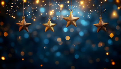 Wall Mural - festive golden stars hang elegantly against a dreamy blue bokeh background, perfect for celebrations