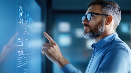 Poster - a man pointing at a computer screen with a blue background